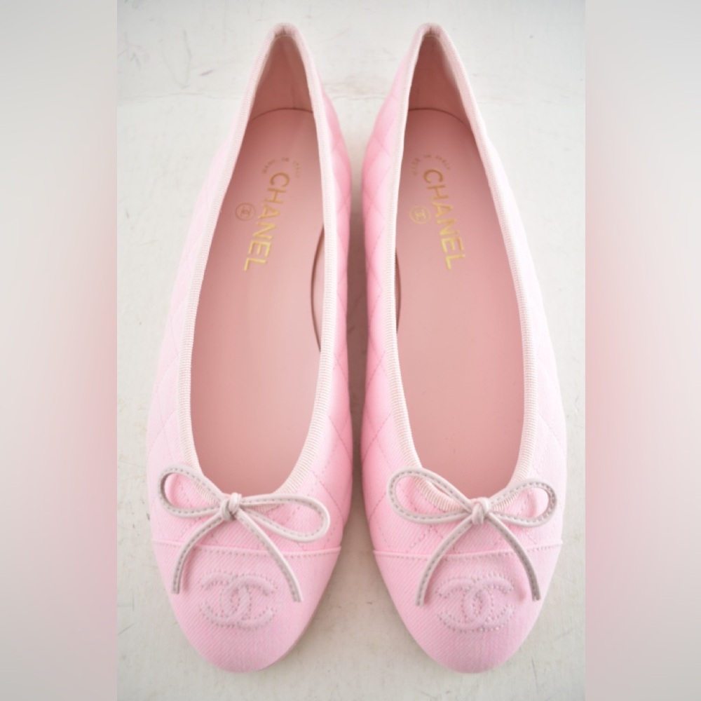 Chanel 26P Light Pink Denim Quilted CC Logo Bow Tie Ballet Ballerina Flat 39 - Picture 5 of 16